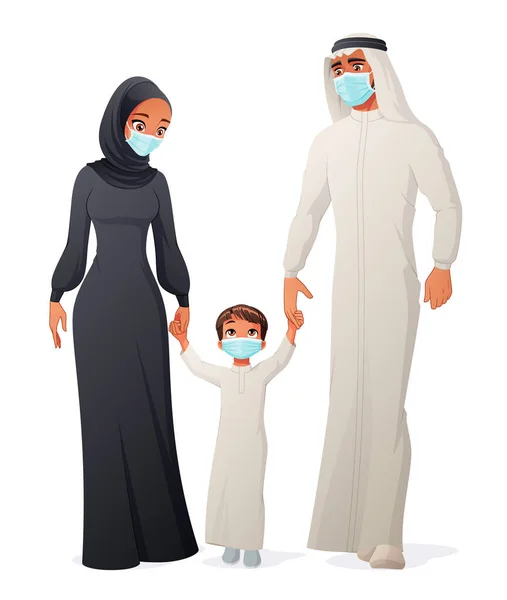 Die arabische Familie trägt medizinische Schutzmasken, hält sich an den Händen und geht. Vektorillustration. — Stockvektor