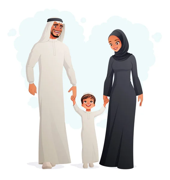 幸せなアラブ家族の手を握って歩く。分離ベクトル図. — ストックベクタ