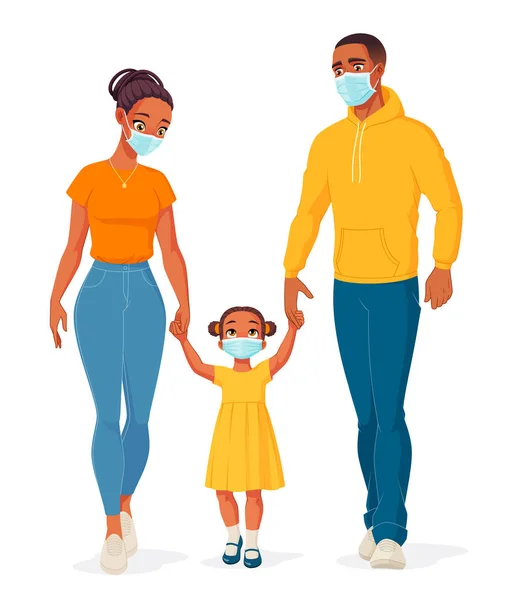 Famiglia afroamericana che indossa maschere per proteggersi da Covid-19. Illustrazione vettoriale . — Vettoriale Stock
