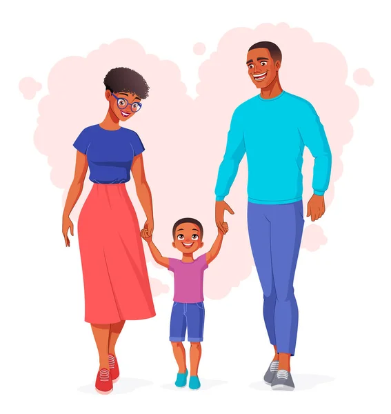 Heureuse famille africaine tenant la main et marchant. Illustration vectorielle. — Image vectorielle