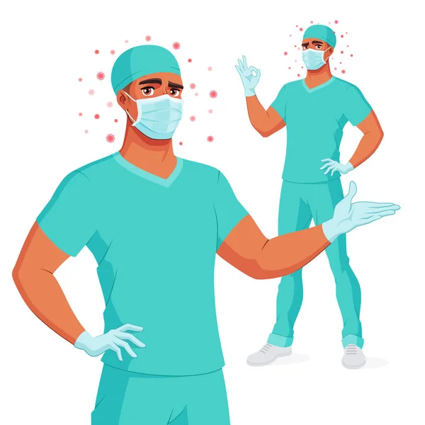 Arzt in Peeling, Maske, Handschuhen, die OK präsentieren und zeigen. Schutz vor Coronavirus. Vektorillustration. — Stockvektor