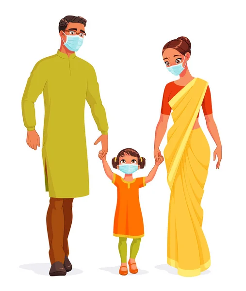 Glücklich lächelnde indische Familie, die schützende medizinische Masken trägt, Händchen hält und geht. Vektorillustration. — Stockvektor
