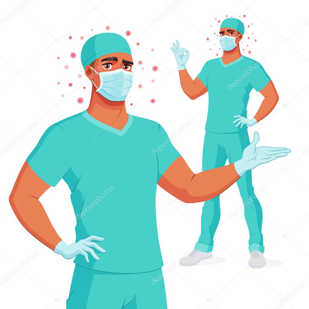 Medical doctor in scrub, mask, gloves presenting and showing OK. Protection from coronavirus. Vector illustration.