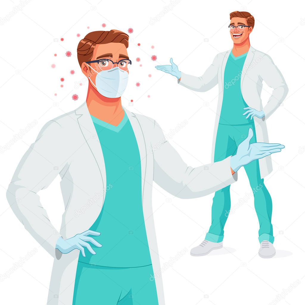 Smiling doctor in medical gown, mask, gloves presenting. Protection from Covid-19. Vector illustration.