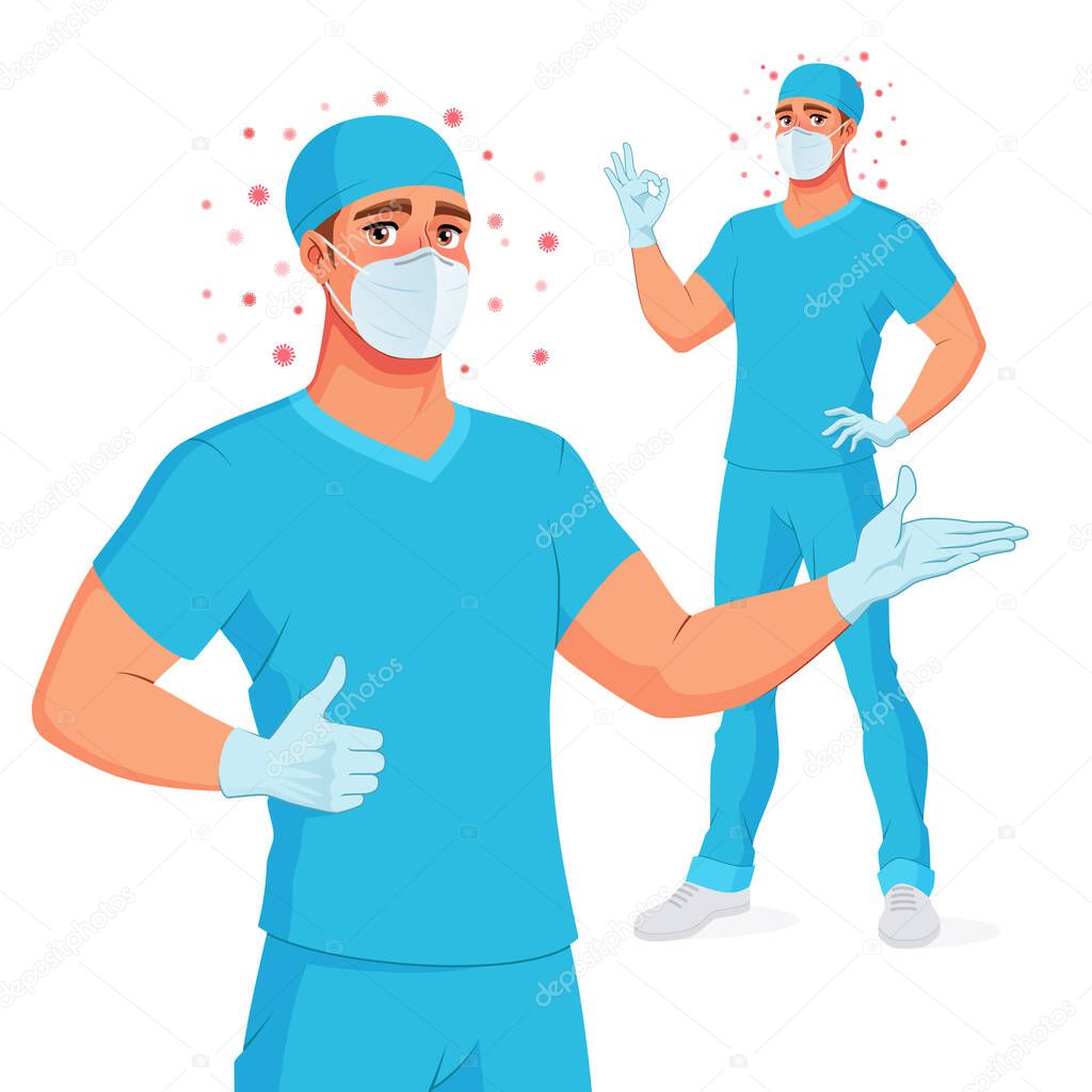 Medical doctor in scrub, mask, gloves showing thumbs up and OK. Protection from Covid-19. Vector illustration.