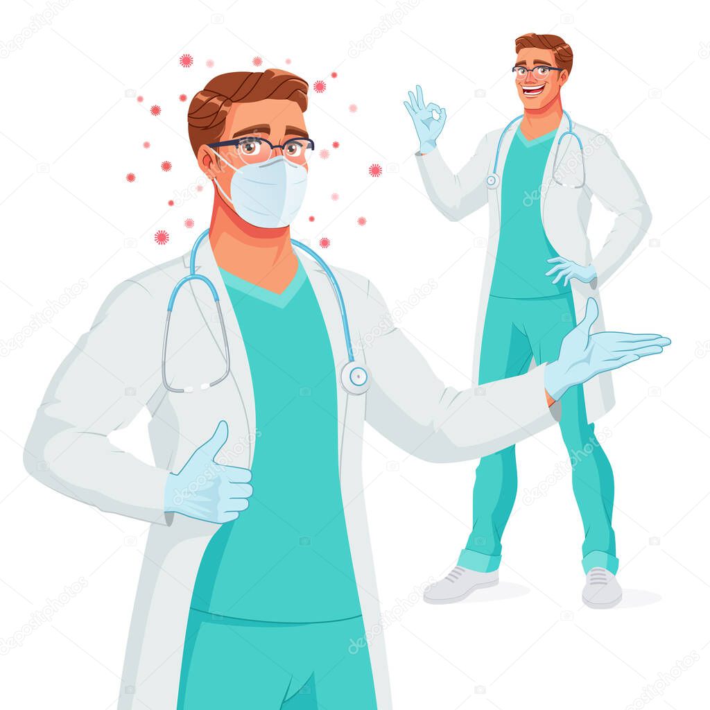 Smiling doctor in mask, gloves presenting, showing thumb up and OK. Protection from Coronavirus. Vector illustration.