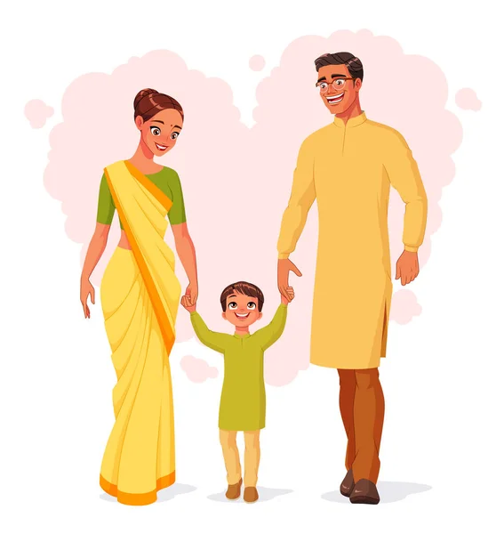 幸せな笑みを浮かべてインドの家族の手を握って歩く。ベクターイラスト. — ストックベクタ