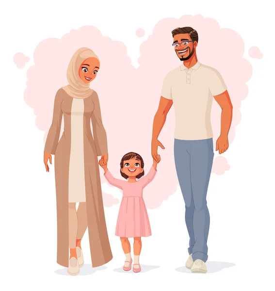 幸せなイスラム教徒の家族の手を握って歩く。分離ベクトル図. — ストックベクタ