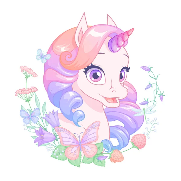 Lindo bonito unicornio bebé rosa rodeado de flores y mariposas. Ilustración vectorial aislada. — Vector de stock