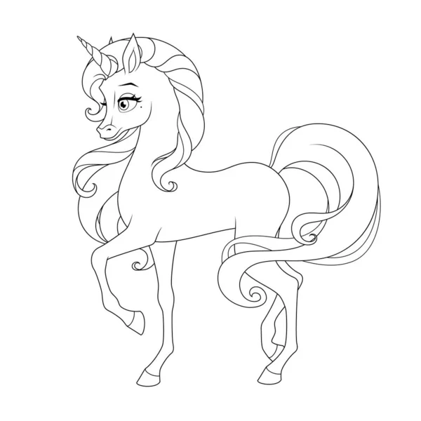 Beautiful unicorn with long mane and tail. Vector illustration page for coloring book. — Stock Vector