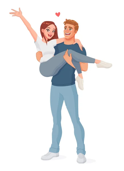 Hombre cargando mujer. Feliz pareja sonriente y alegre. Ilustración vectorial aislada. — Vector de stock
