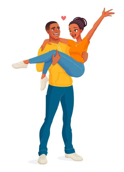 Muž nesoucí ženu. Šťastný a veselý černý pár. Izolovaná vektorová ilustrace. — Stockový vektor