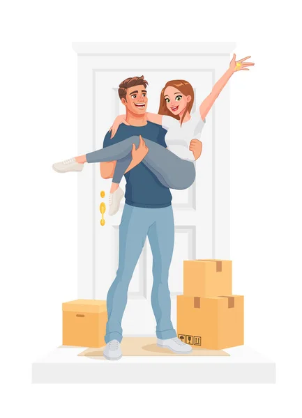 Homem carregando mulher em sua nova casa. Ilustração vetorial isolada. — Vetor de Stock