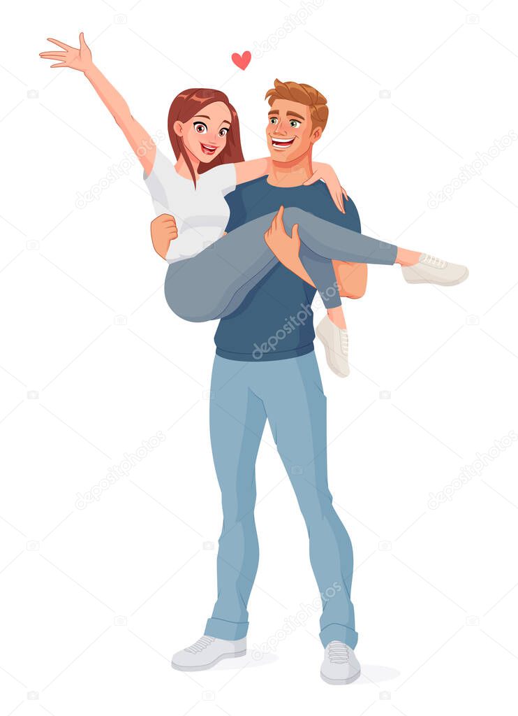 Man carrying woman. Happy smiling joyful couple. Isolated vector illustration.