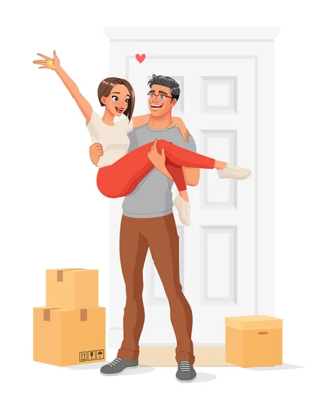 Happy man carrying his wife near their new home. Moving to a new house. Isolated vector illustration. — Stock Vector