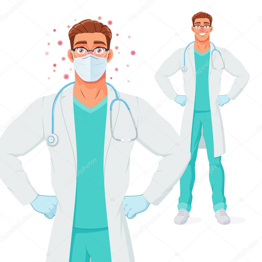 Doctor in mask and gloves protected from coronavirus. Vector illustration.
