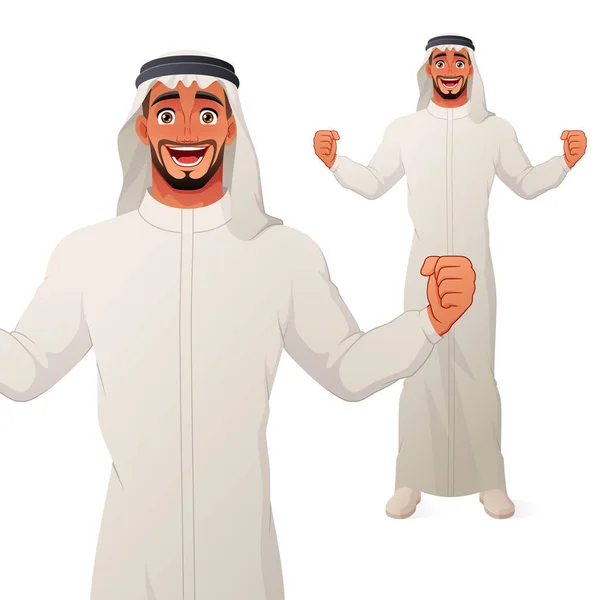 Nadšený Arab slaví úspěch se zdviženýma rukama a širokým úsměvem. Vektorový kreslený znak. — Stockový vektor