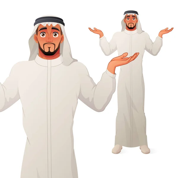 Fragende Araber zucken mit den Schultern. Vektorzeichentrickfigur. — Stockvektor