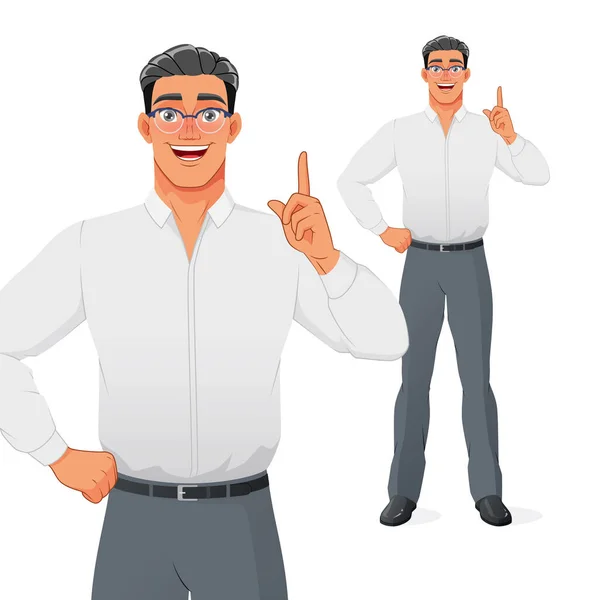 Jovem empresário apontando o dedo para cima para dar conselhos ou recomendações. Personagem de desenho animado vetorial isolado. — Vetor de Stock