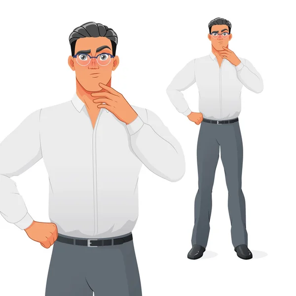 Puzzled businessman thinking with hand on chin. Isolated vector cartoon character. — Stock Vector