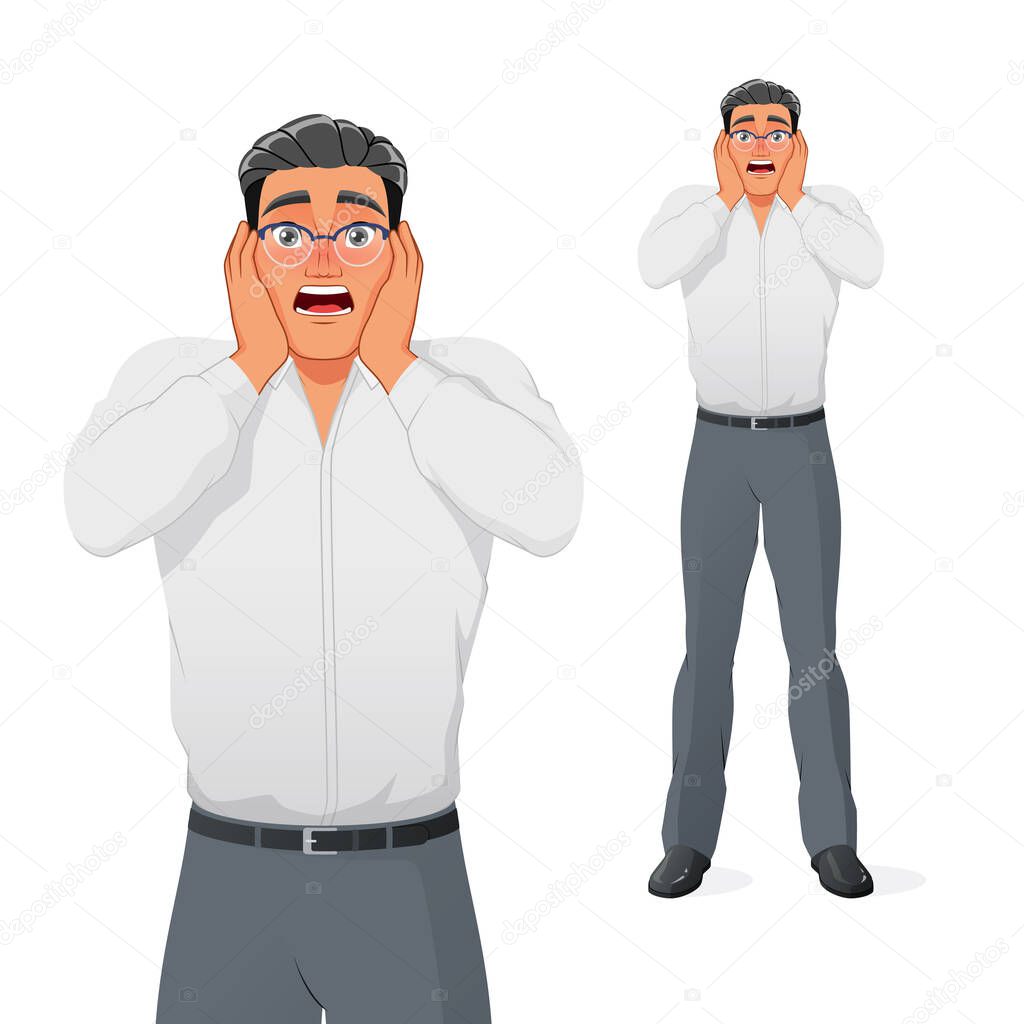 Terrified young businessman holding his head in panic. Isolated vector illustration.