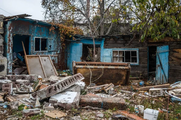 The abandoned and destroyed dwellings after accident. The household items left as a result of disaster