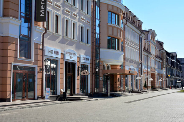 Minsk, Republic of Belarus - 09.04.2019: Zybickaya Street of the Upper Town. This is the most popular street with restaurants and bars.