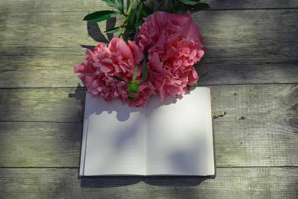 Diário aberto caderno e buquê de flores piones. Belo cartão de felicitações. O conceito do início de uma nova vida — Fotografia de Stock