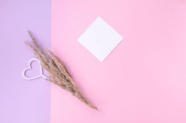 Pembe arka planda yaban çiçekleri ve notlar. Yaz konsepti. Düz yatıyordu