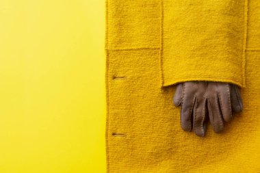 Kahverengi sarı arkaplan üst görünümü düz kopya alanı yatıyordu. Modaya uygun kadın aksesuarları. Sonbahar Moda Konsepti. Şık Bayan Elbiseleri