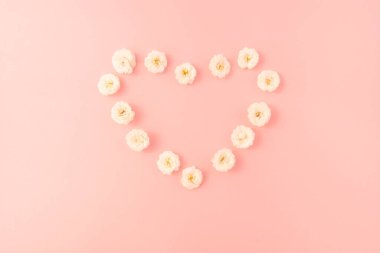 Çiçek kompozisyonu. Pembe arka planda beyaz küçük gülün kalp çerçevesi. Anneler günü, sevgililer günü, doğum günü, bahar, yaz konsepti. Düz konum, üst görünüm, kopyalama alanı