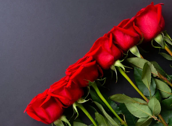 Siyah arka planda çiçek açmış taze kırmızı güller yığını, yaklaşın. Bir demet çiçek. Uzayı kopyala Üst manzara, düz yatış. Sevgililer Günü ya da Anneler Günü, aşk konsepti.