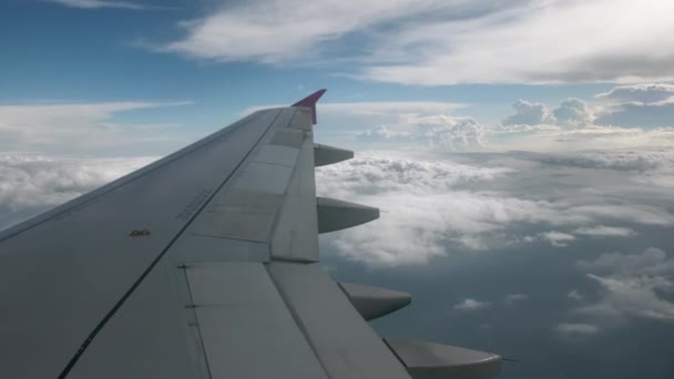 Letu letadla na letovou hladinou, na pozadí modré oblohy a texturních objemové mraky. Pohled z kokpitu úhel zobrazení zpět, v popředí šedá křídla — Stock video