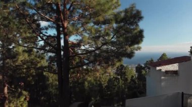 Hava atış. Yeşil ağaçlar, Take-off kamera zemin üzerine mavi araba yakınındaki kız. kompozisyon bir vadi içinde insan yerleşimleri ve şehirler bulunmaktadır değiştirir. mavi okyanus yakın