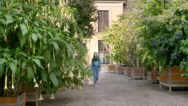 Hannover, Germany. A young female tourist with a map in her hands and a backpack walks around the aquarium with unusual trees that grow in huge wooden vases on which flowers grow. Looks — Stock Video