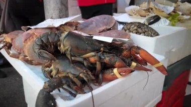 Venedik, Mestre, İtalya - Mayıs 2019: Büyük ıstakoz, yengeç ler ve diğer deniz ürünleri balık pazarının tezgahında. Satıcı malları alıcıya verir. Euro cinsinden fiyat etiketleri. Yavaş çekim