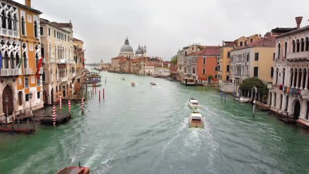 Βενετία, Ιταλία-2019 Μαΐου: παραδοσιακή θέα του βενετσιάνικου μεγάλου καναλιού. Βάρκες και σκάφη κινούνται κατά μήκος. Στο φόντο της Βασιλικής. Αργή κίνηση. — Αρχείο Βίντεο