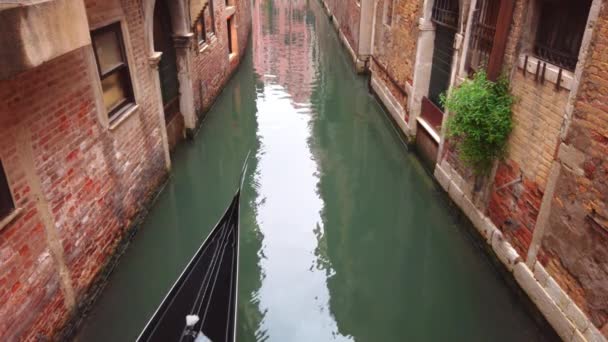 VENEZIA, Italia - Maggio 2019: una bella gondola di lusso nuota lungo uno stretto canale fuori sede con voto blu e muri di mattoni. Rallentatore — Video Stock