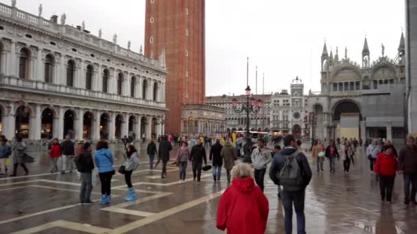 Wenecja, Włochy-maj 2019: główna atrakcja. Piazza San Marco i wielu ludzi w deszczowej jesiennej pogodzie. Zwolnionym — Wideo stockowe
