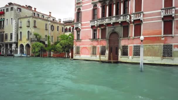 VENISE, Italie - Mai 2019 : Maisons debout sur l'eau. Un grand nombre d'arbres poussant sur les maisons. Vue depuis le grand canal. au ralenti — Video