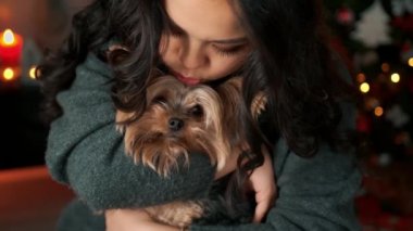Yeni yılda duygusal Asyalı genç bir kadın küçük tüylü bir köpeği oynatıyor ve okşuyor. Yeni yıl ve Noel kutlaması ve hayvan koruması kavramı