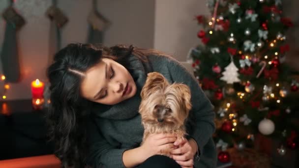Asijské mladá žena v novém roce vánoční interiér hraje s legrační malý pes. Koncept pohodlí domova, Nový rok a Vánoce a ochrana zvířat