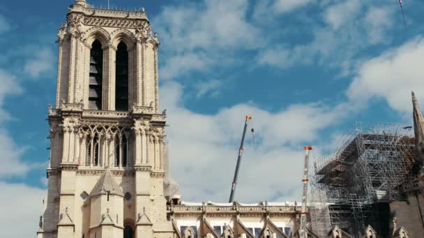 Notre-Dame de Paris medeltida katolska katedral efter branden, bakifrån. Renoveringsarbeten. — Stockvideo