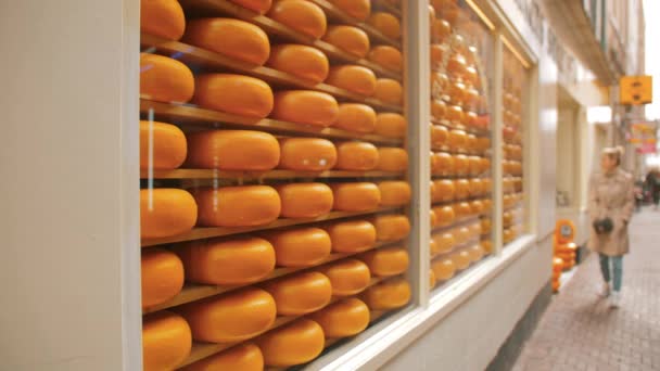 Mulher não reconhecida perto da janela de uma loja de queijos. Muitas fileiras de cabeças de queijo redondas em Amsterdã, a capital dos Países Baixos — Vídeo de Stock