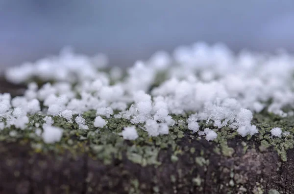 Cristais Neve Sobre Fundo Azul Desfocado Flocos Neve Close — Fotografia de Stock