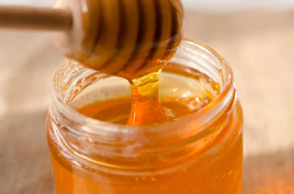 Polyfloral Honig fließt aus einem hölzernen Honiglöffel. Stockfoto