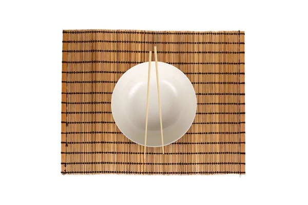 Top View Empty White Plate Chopsticks Wooden Place Mat Isolated — Stock Photo, Image