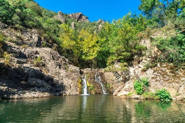 Vista Pequeno Rio Com Cachoeira Entre Floresta Arbórea — Fotografia de Stock