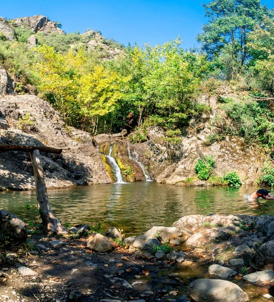 Vista Pequeno Rio Com Cachoeira Entre Floresta Arbórea — Fotografia de Stock