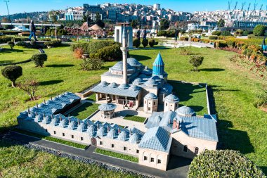 Istanbul, Türkiye - 08 Aralık 2018: Model Görünümü önemli yerler minyatür anıtlar Istanbul'da Haliç yakınındaki reprodüksiyon Miniaturk parkta.
